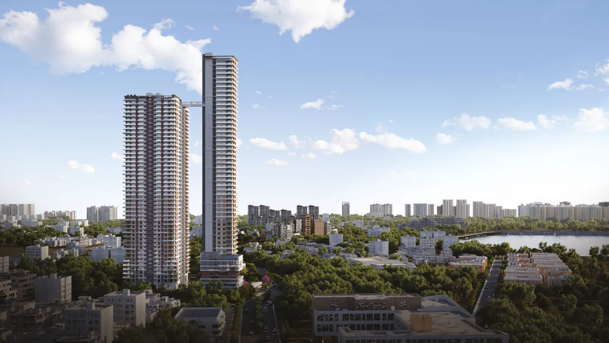 Street-level architectural render of Hallmark Altus showing tower scale and podium