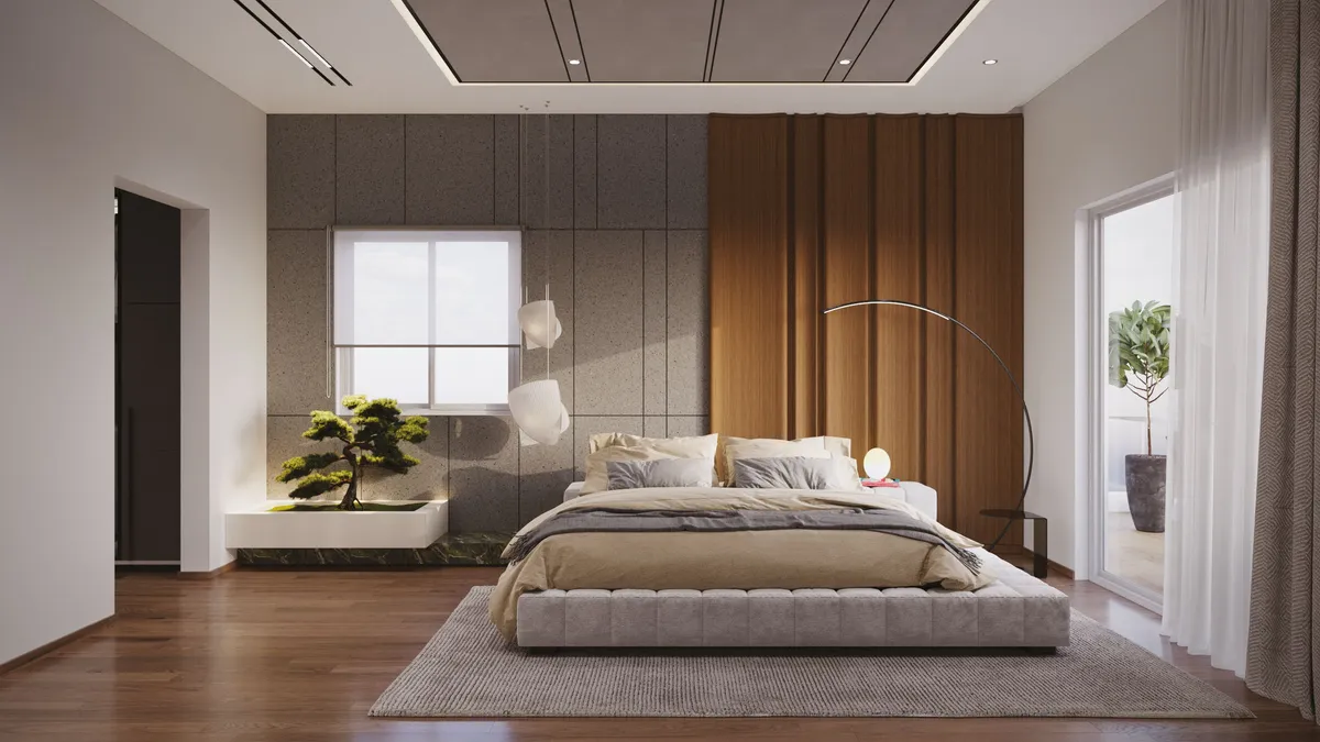Master bedroom interior render showing 12 ft ceiling height at Hallmark Altus