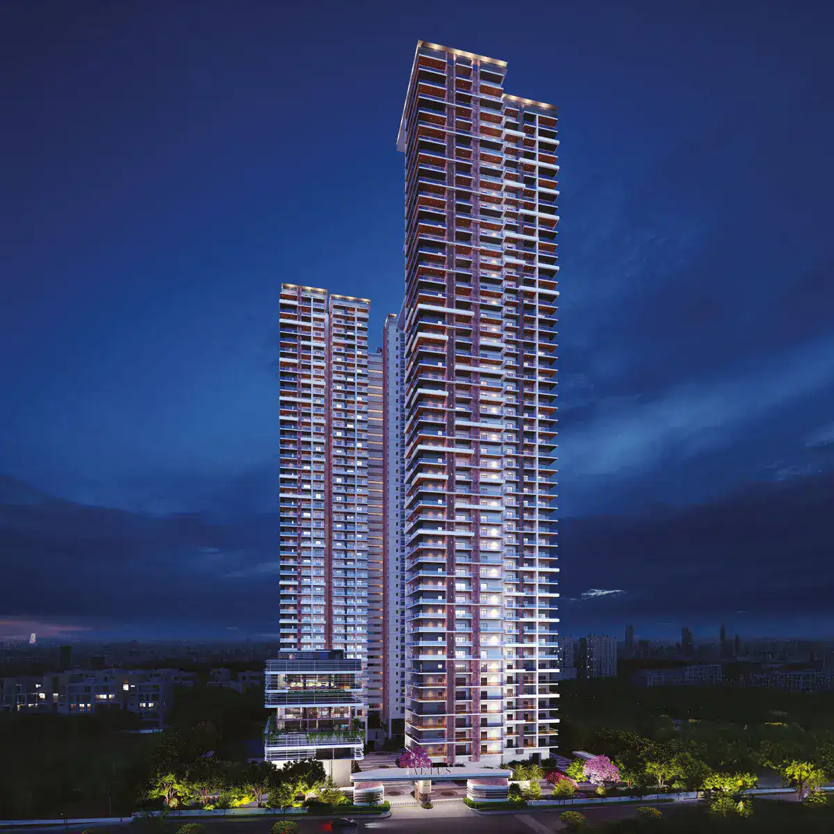 Night skyline view of Hallmark Altus towers